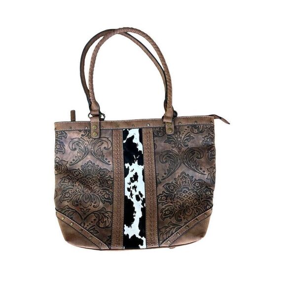 Justin’s Women's Tooled Leather Tote Bag w/ Cowhide Accent - Picture 1 of 4